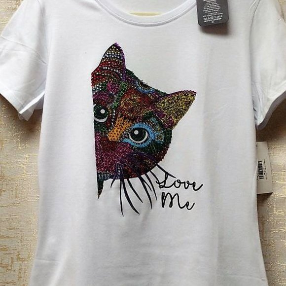 CAT LOVER Rhinestone XL, Bling Tee, Exclusive. Handmade. WHITE - Picture 7 of 7